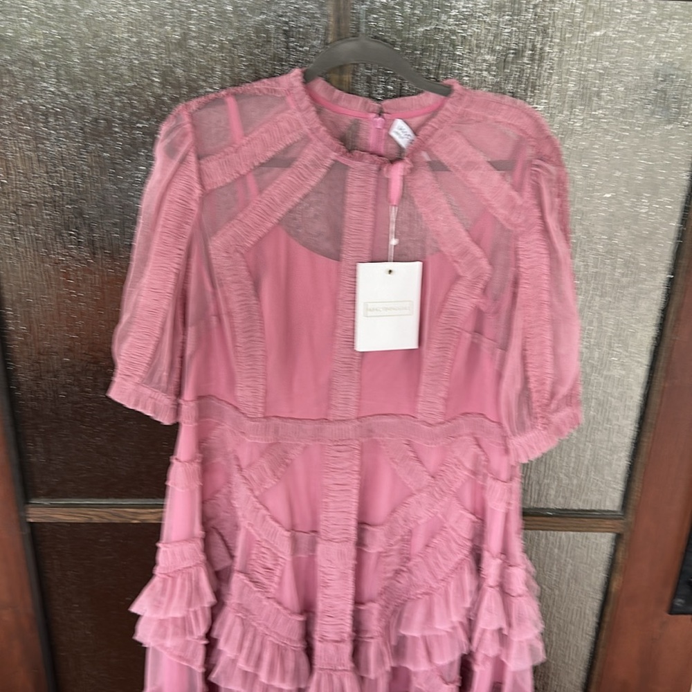 Mac Duggal Mauve Pink Lace-Trim Midi Dress - Picture 8 of 14
